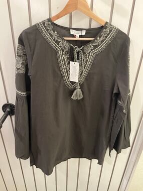 Talori Olive Green Embroidered Boho Blouse Size S